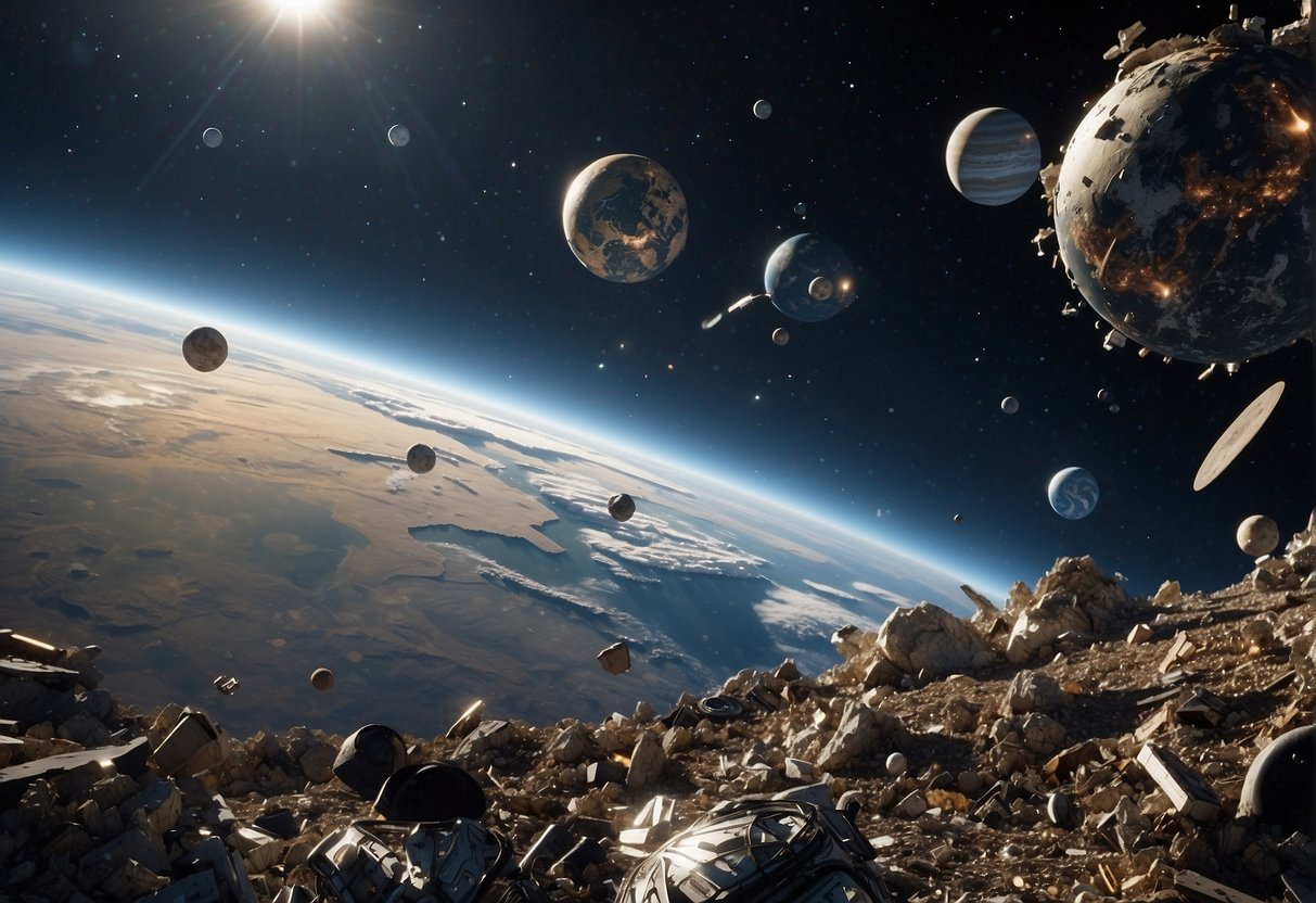 A cluttered expanse of space debris looms ominously, with Earth's curvature in the background. The debris appears to be on a collision course with the planet, creating a sense of impending danger