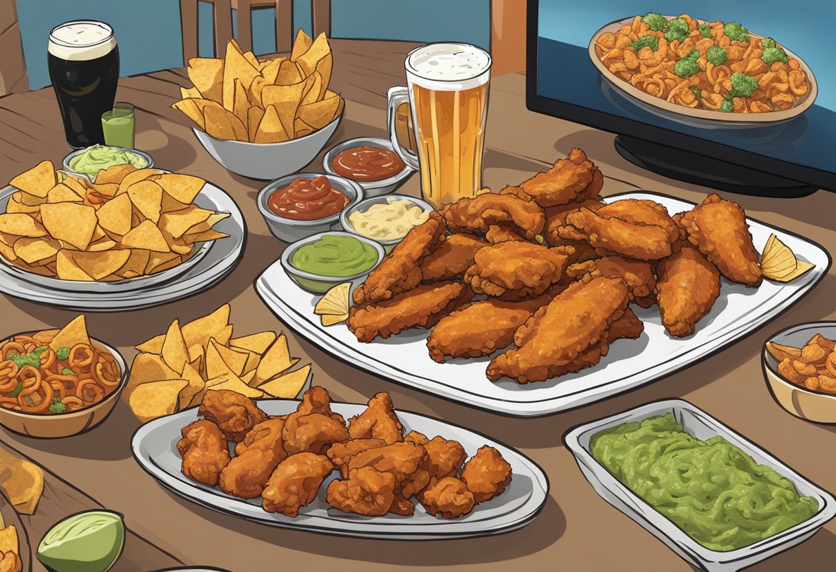 A table overflowing with game day snacks: buffalo wings, loaded nachos, guacamole, and beer-battered onion rings. Plates and dip bowls are scattered around, while a big screen TV plays the game in the background