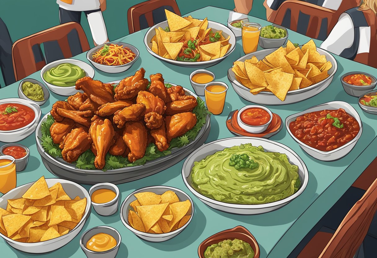 A table adorned with classic Superbowl dishes: buffalo wings, loaded nachos, chili, and guacamole, surrounded by eager fans