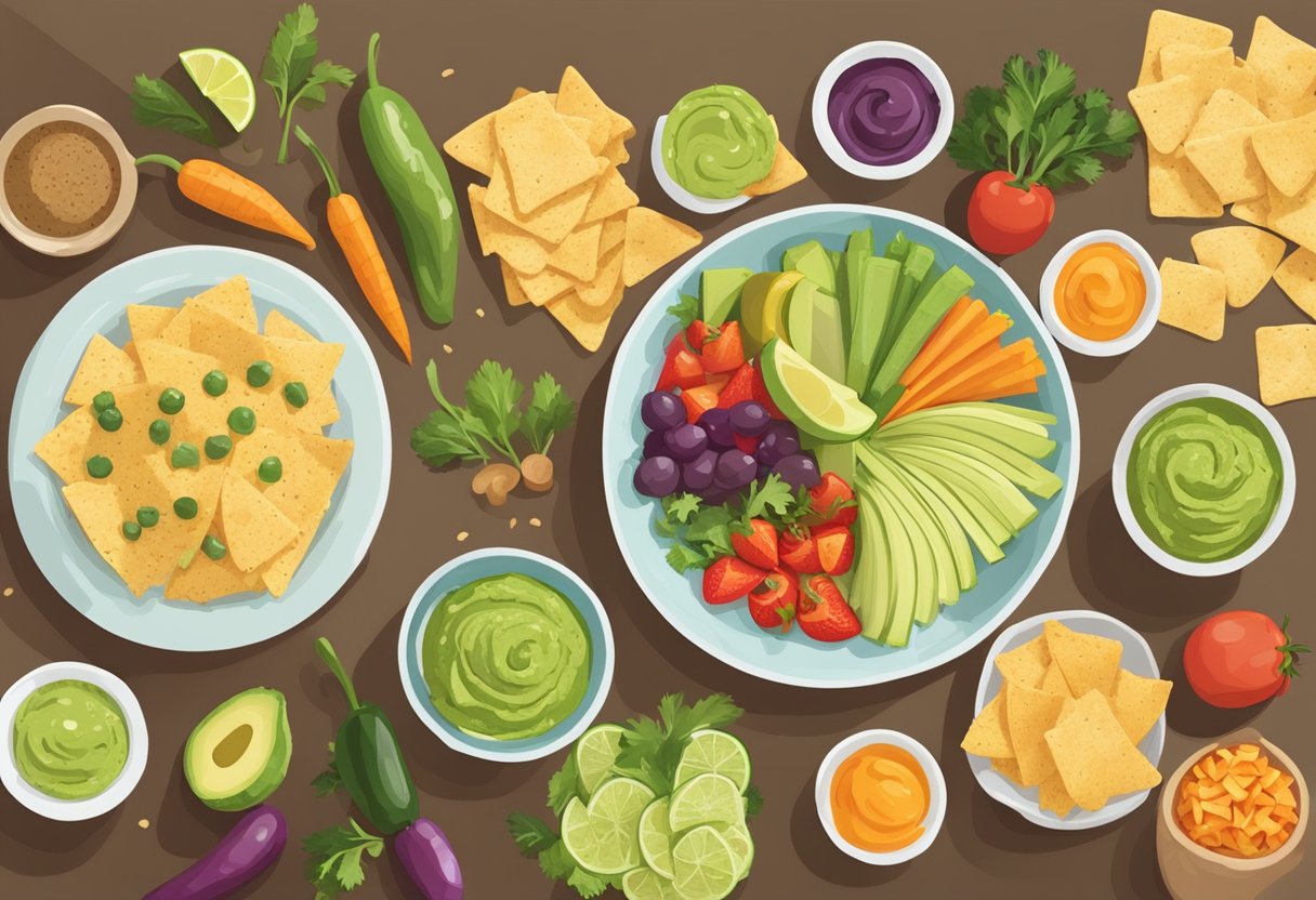 A table spread with colorful veggie platters, fruit skewers, and lean protein options. A bowl of homemade guacamole sits next to whole grain chips