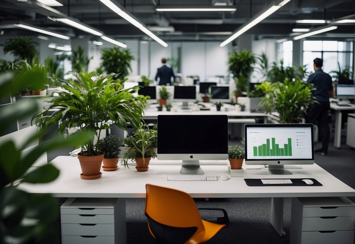 A busy office with people collaborating, using computers and whiteboards. Plants and modern furniture create a vibrant, dynamic atmosphere