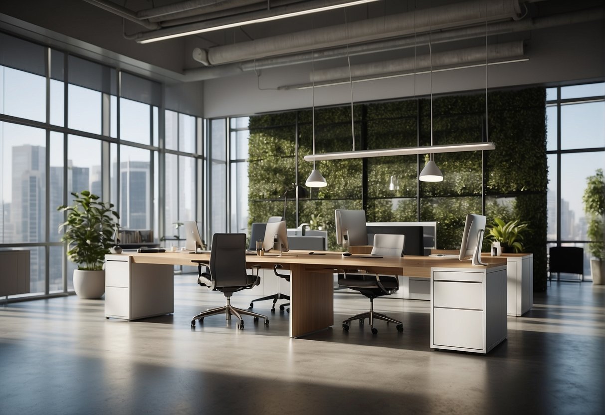 A modern office setting with a focus on sustainability, featuring renewable energy sources, eco-friendly materials, and a seamless integration of technology for the luma ai business model