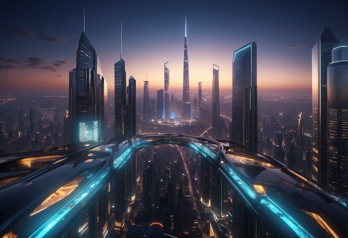 A futuristic cityscape with sleek, towering skyscrapers and glowing neon signs, bustling with autonomous vehicles and drones. A central hub with advanced AI technology at its core