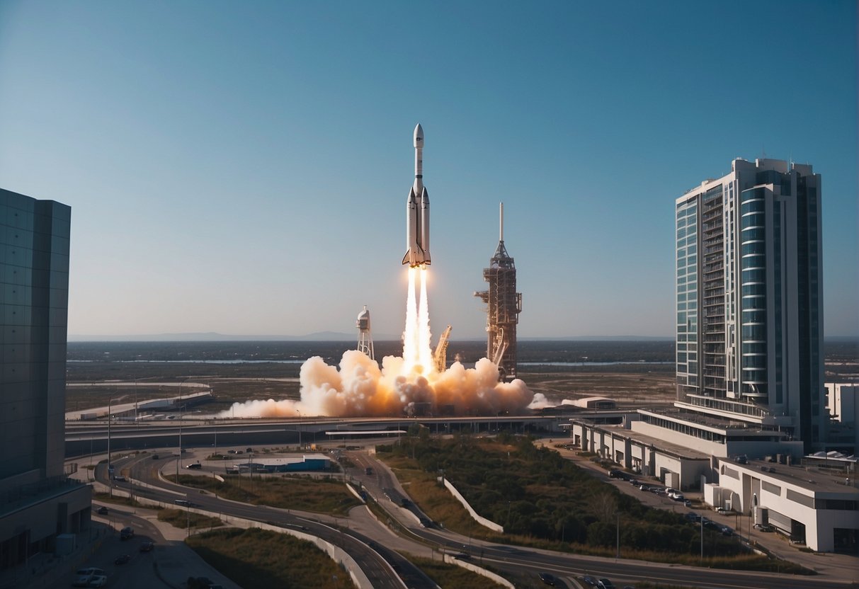 A rocket launches from a commercial spaceport, surrounded by bustling activity and infrastructure, with a backdrop of a futuristic cityscape and a clear blue sky