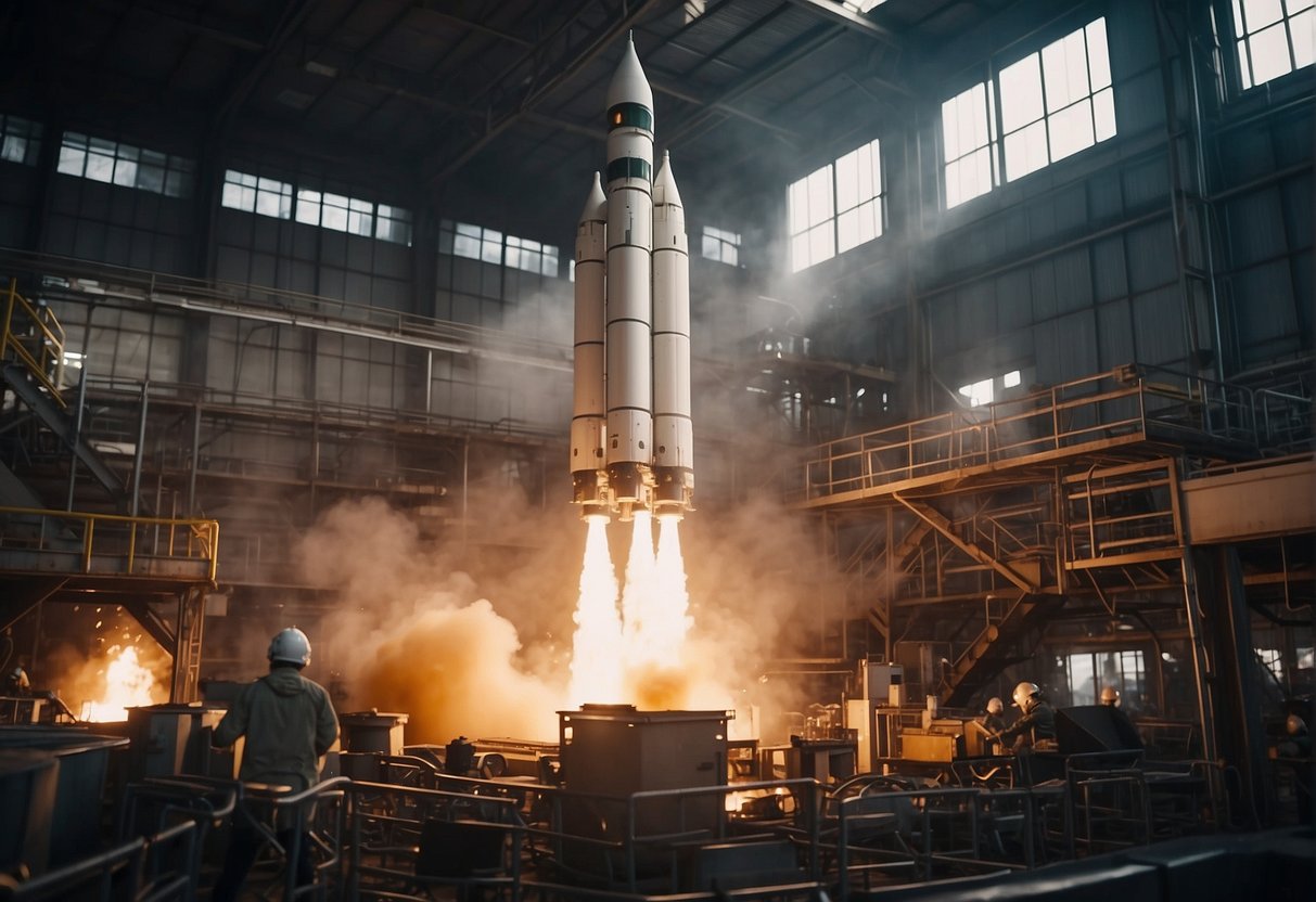 A bustling factory floor with robotic arms assembling spacecraft components. A rocket launches into the sky, leaving behind a trail of fire and smoke