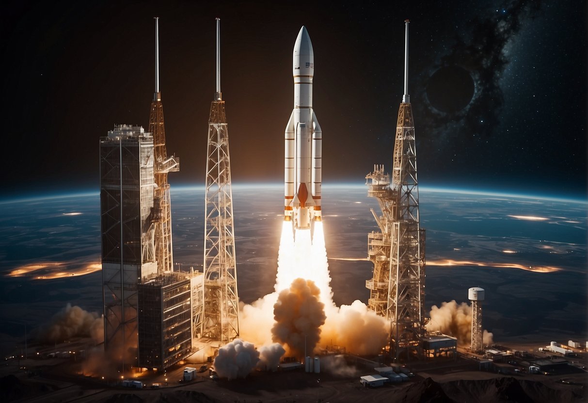 A rocket launches from Earth, carrying supplies and equipment for a Mars colony. Scientists and engineers work on logistics and planning in a high-tech research facility
