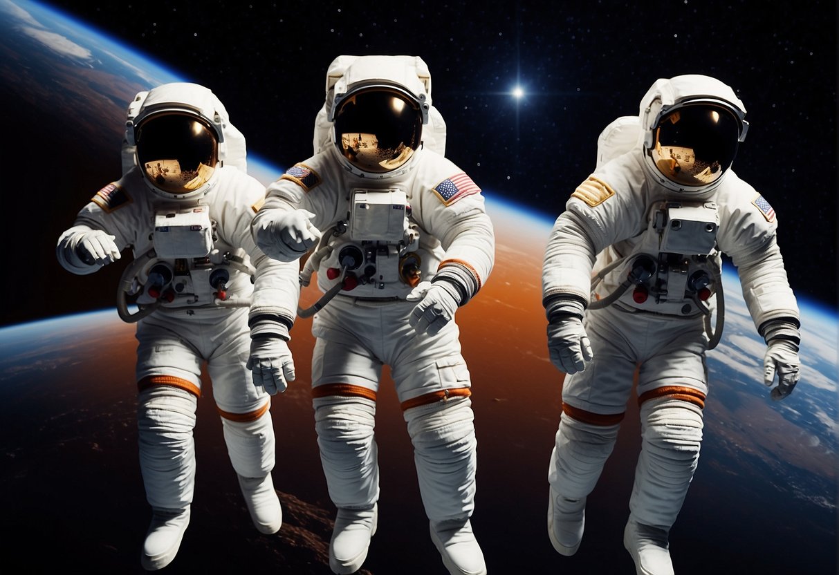 Astronauts in various space suits, from Mercury to Mars, with the Apollo moon landing in the background