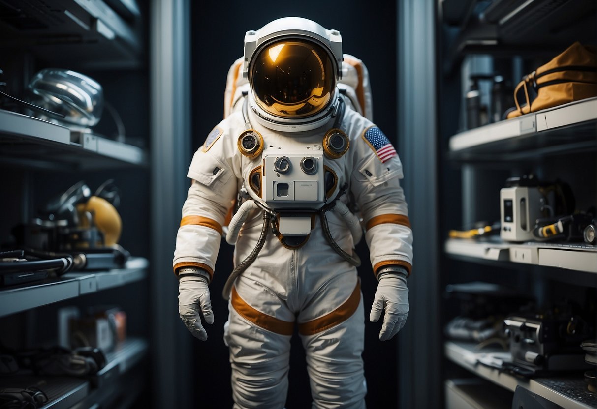 A spacesuit hangs on a rack, surrounded by technical equipment and tools. The suit's design has evolved from the early Mercury missions to accommodate the challenges of future Mars exploration