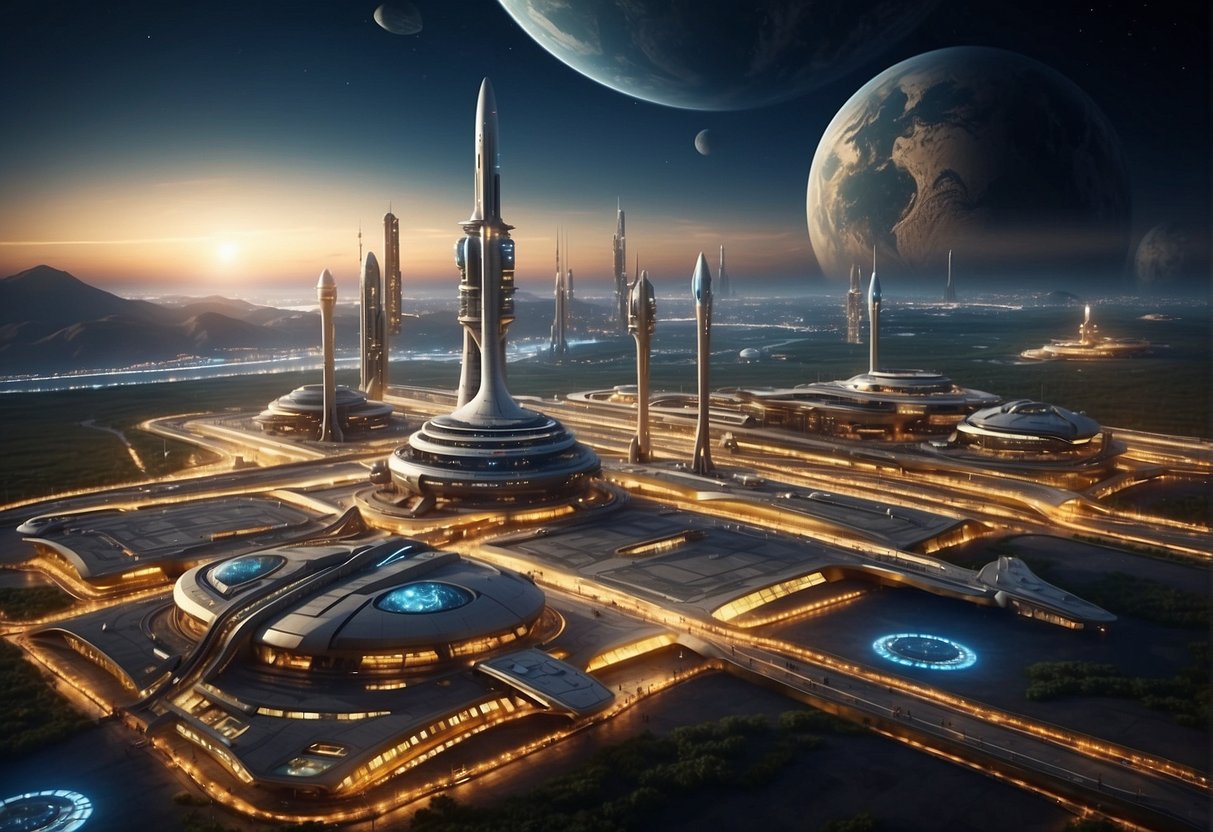 A bustling spaceport with ships of various sizes and shapes docking and departing, surrounded by towering launch pads and futuristic infrastructure