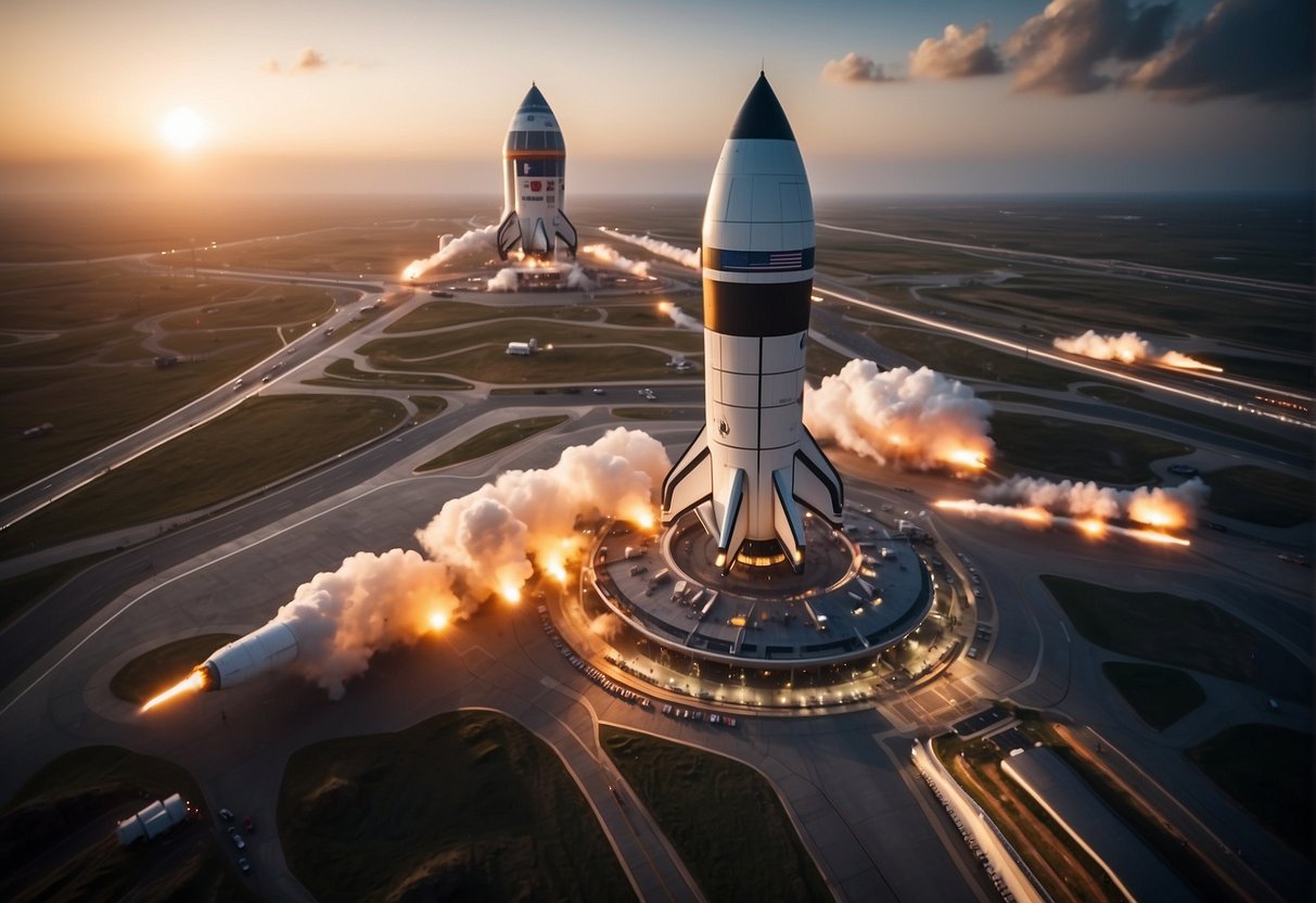 Spaceports bustling with activity, rockets launching into the sky, and international flags waving in the wind, symbolizing global cooperation and competition in the race to explore outer space