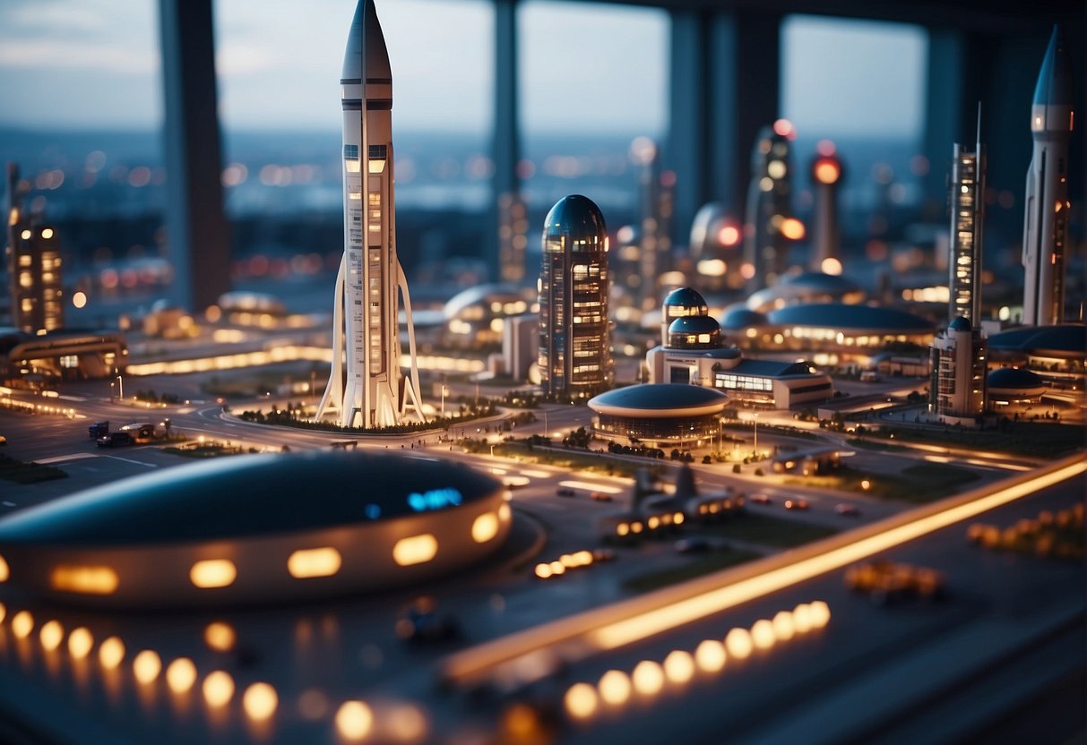A bustling spaceport with rockets launching and landing, surrounded by futuristic buildings and infrastructure. A network of runways and launch pads, with spacecraft of various shapes and sizes