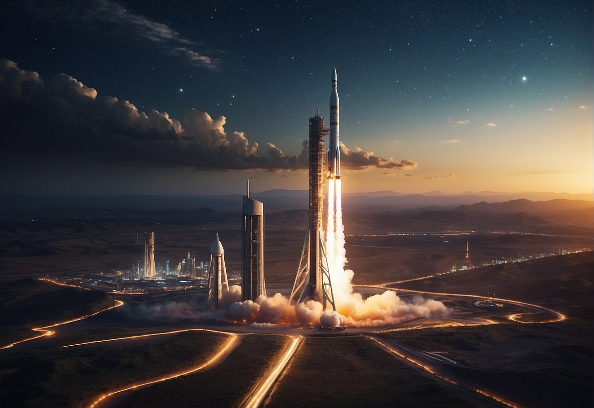 A rocket launches from a futuristic spaceport, surrounded by towering structures and bustling activity. The sky is filled with stars and the promise of endless exploration