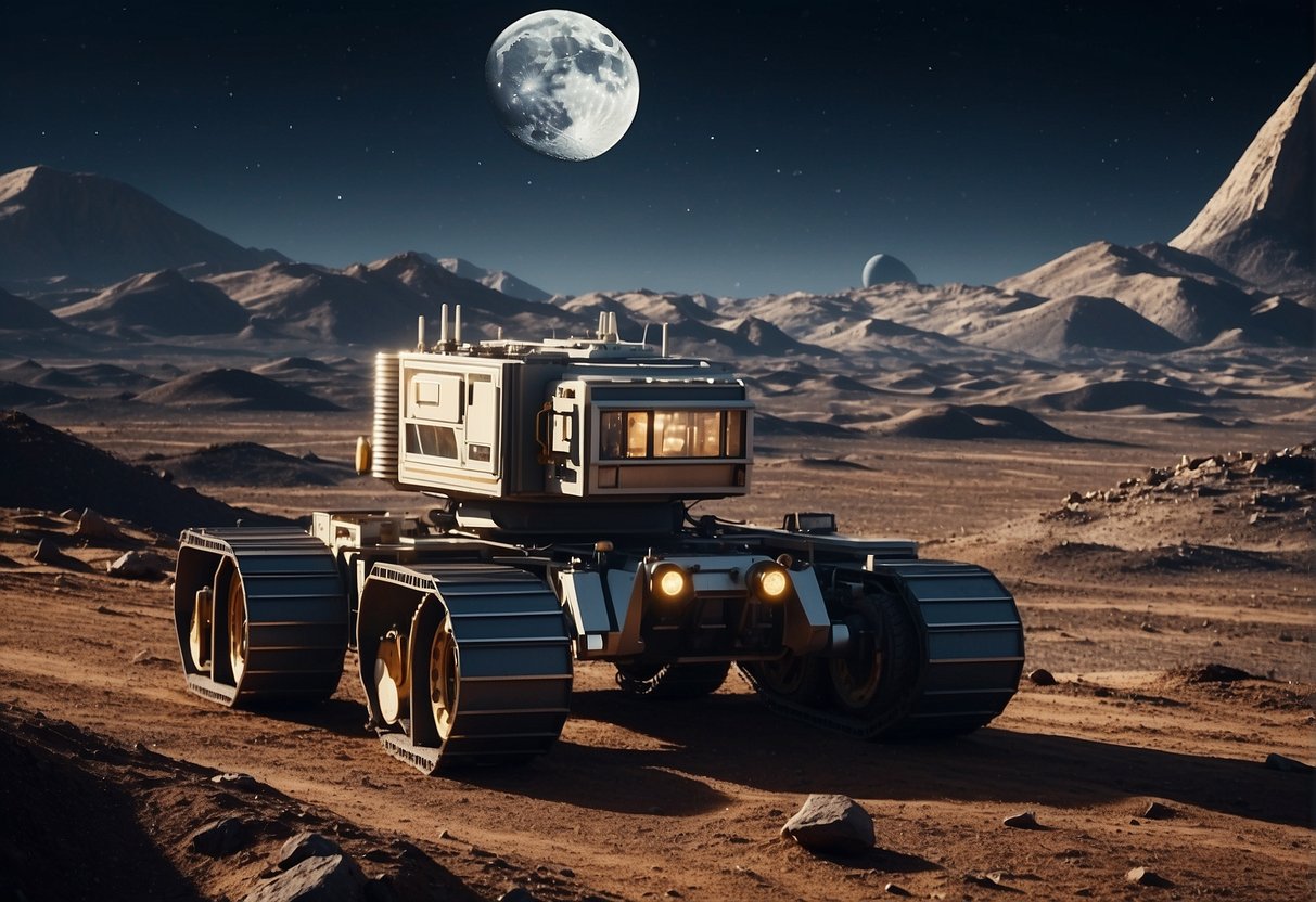 Lunar landscape with mining equipment, futuristic colonies, and spacecraft in the background. Legal documents and contracts being exchanged between parties
