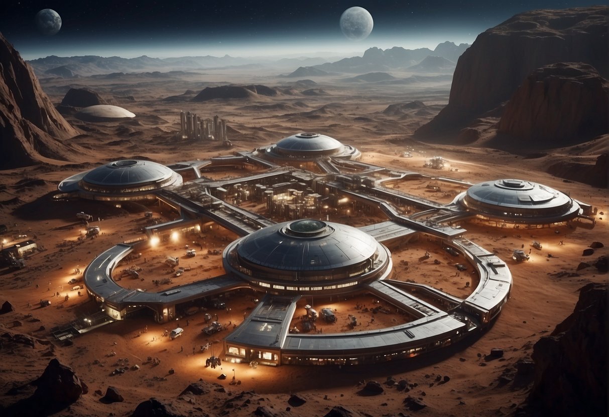 A bustling lunar base with mining operations and futuristic colonies, overlooking a majestic view of Mars