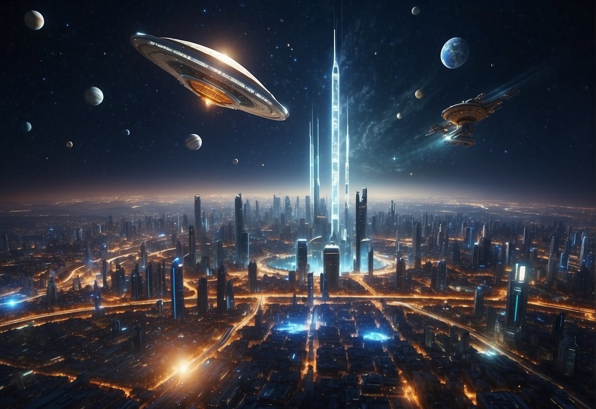 Spacecraft and satellites orbit above a futuristic city, while holographic projections of iconic sci-fi characters and spaceships fill the skyline. The atmosphere is filled with a sense of wonder and excitement for the future of space exploration