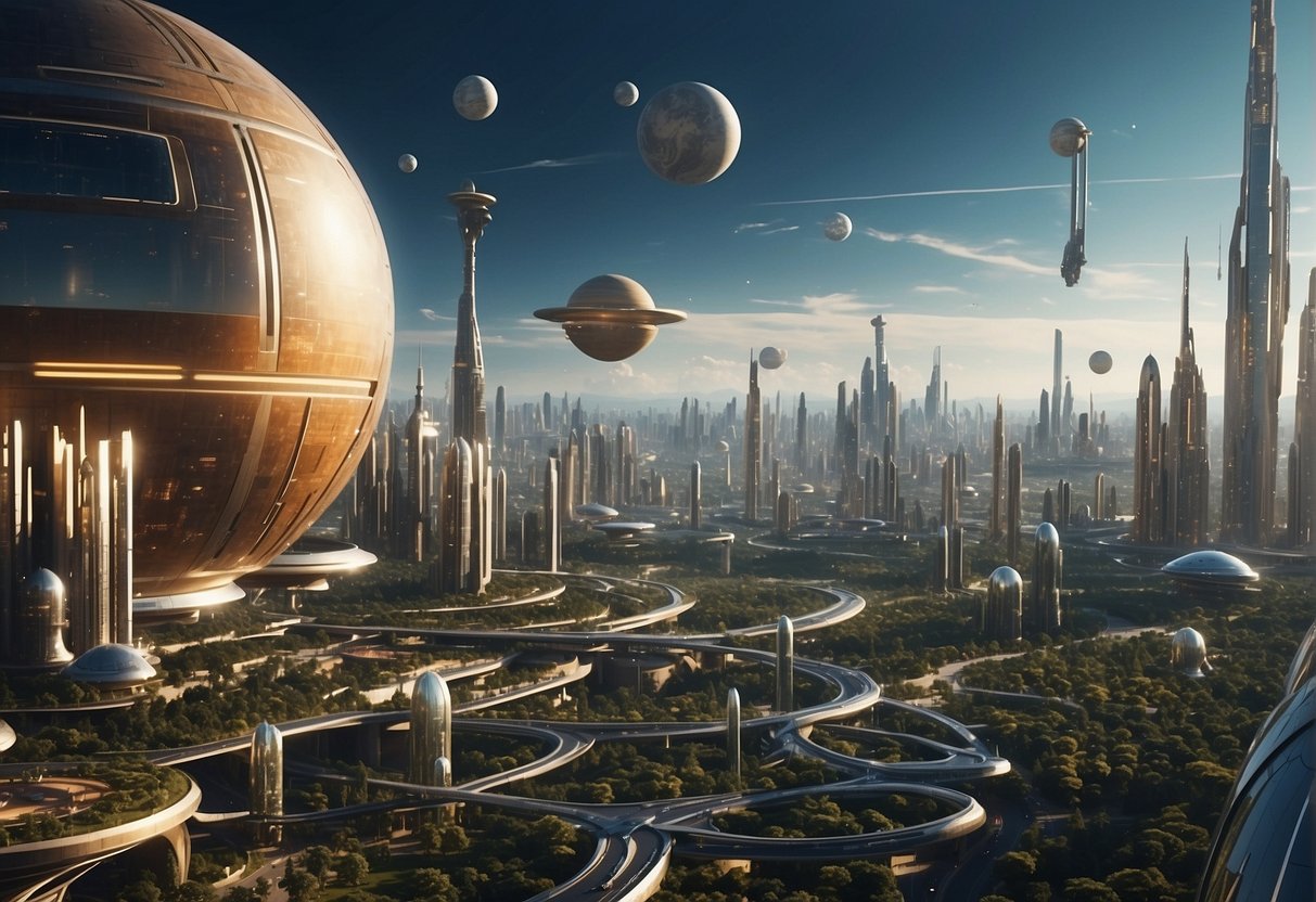 A futuristic cityscape with sleek, towering buildings, flying vehicles, and advanced technology. The sky is filled with stars and distant planets, depicting humanity's ambition to explore space