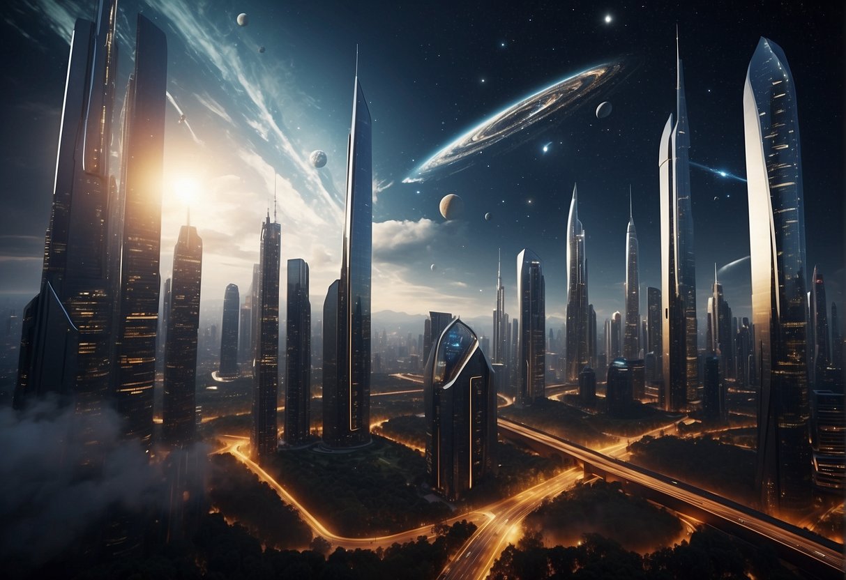 A futuristic cityscape with sleek skyscrapers reaching towards the stars, surrounded by advanced spacecraft launching into the cosmos