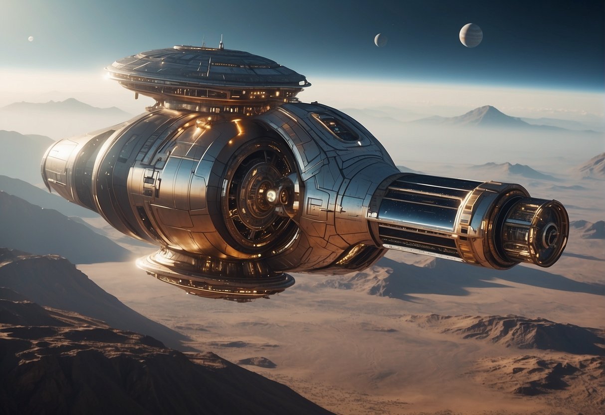 A futuristic space station orbits a distant planet, surrounded by sleek spacecraft and advanced technology, showcasing the influence of sci-fi on space exploration