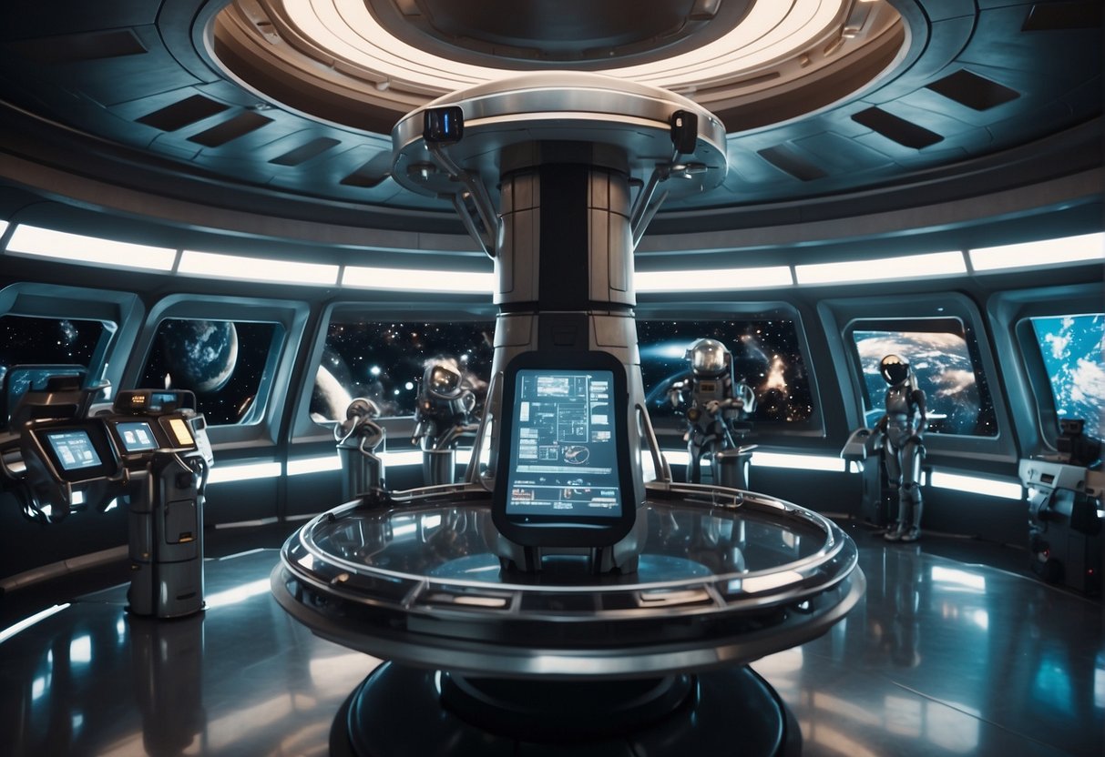 Space in Pop Culture: A futuristic space station with sleek, metallic architecture and advanced technology. A holographic display showcases iconic sci-fi spacecraft, while astronauts train in zero gravity simulators