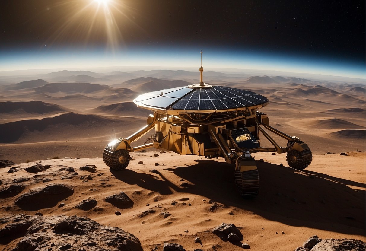 The Ethics of Space Exploration: A spacecraft hovers over a distant planet, its robotic arms extracting resources while solar panels soak up the sun's energy. The planet's surface shows signs of previous mining activity, with craters and machinery scattered across the landscape