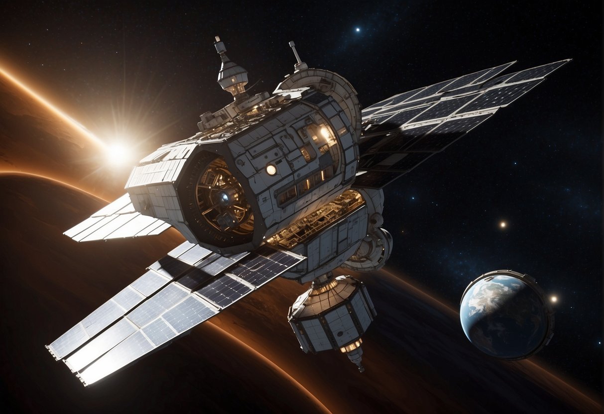 A space station orbits a distant planet, with solar panels and communication arrays extending from its sleek, metallic hull. A network of satellites and spacecraft can be seen traveling to and from the station, emphasizing the importance of regulation and governance in outer space