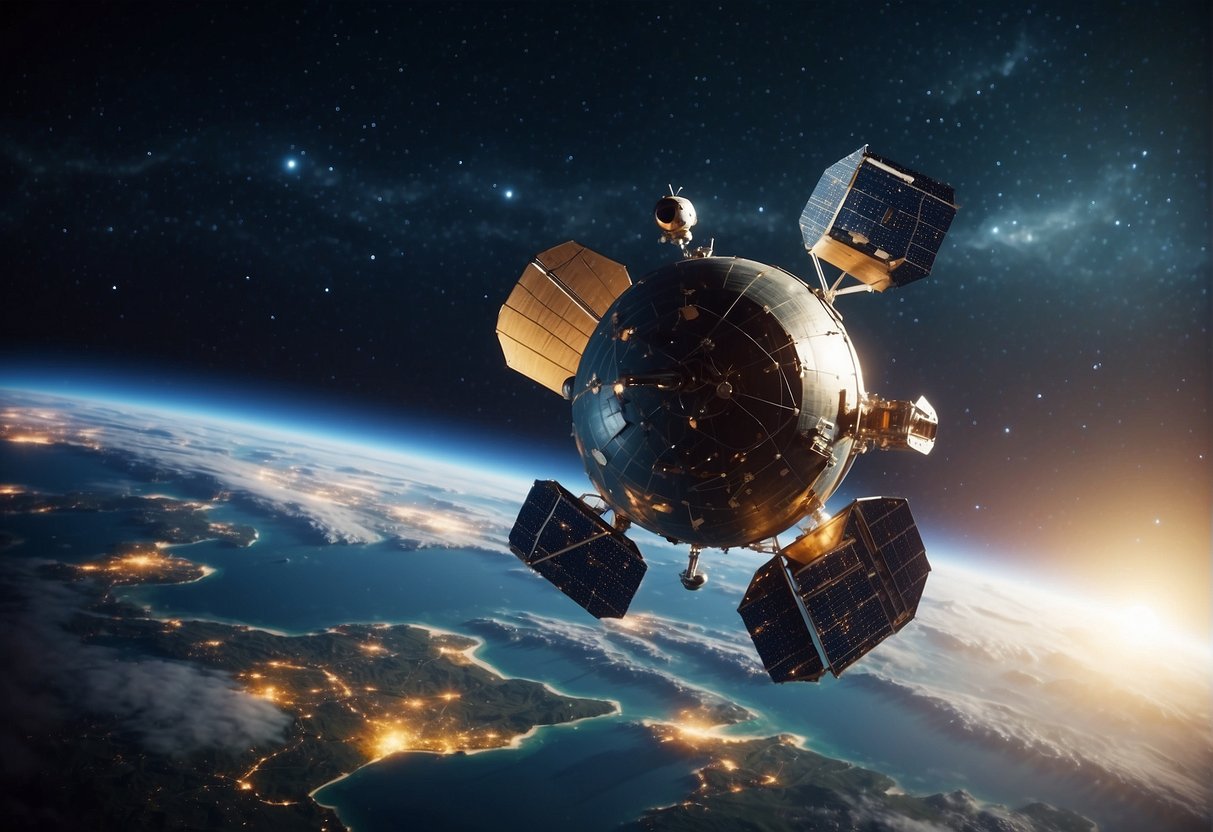 Satellites orbiting Earth, beaming signals and capturing data. The planet below, with various landscapes and weather patterns, is observed and communicated with precision