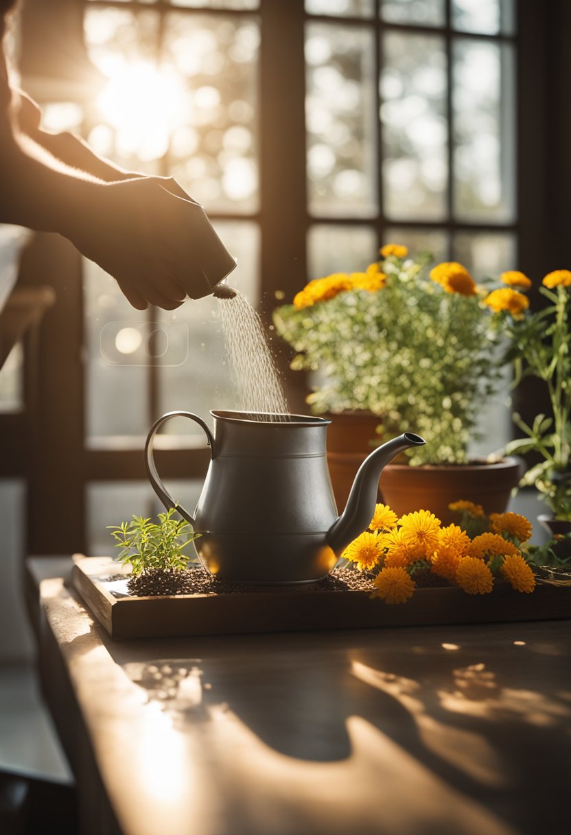 Bright sunlight streams through the window onto a table. A pair of hands carefully selects a pot, soil, and marigold seeds. A watering can sits nearby