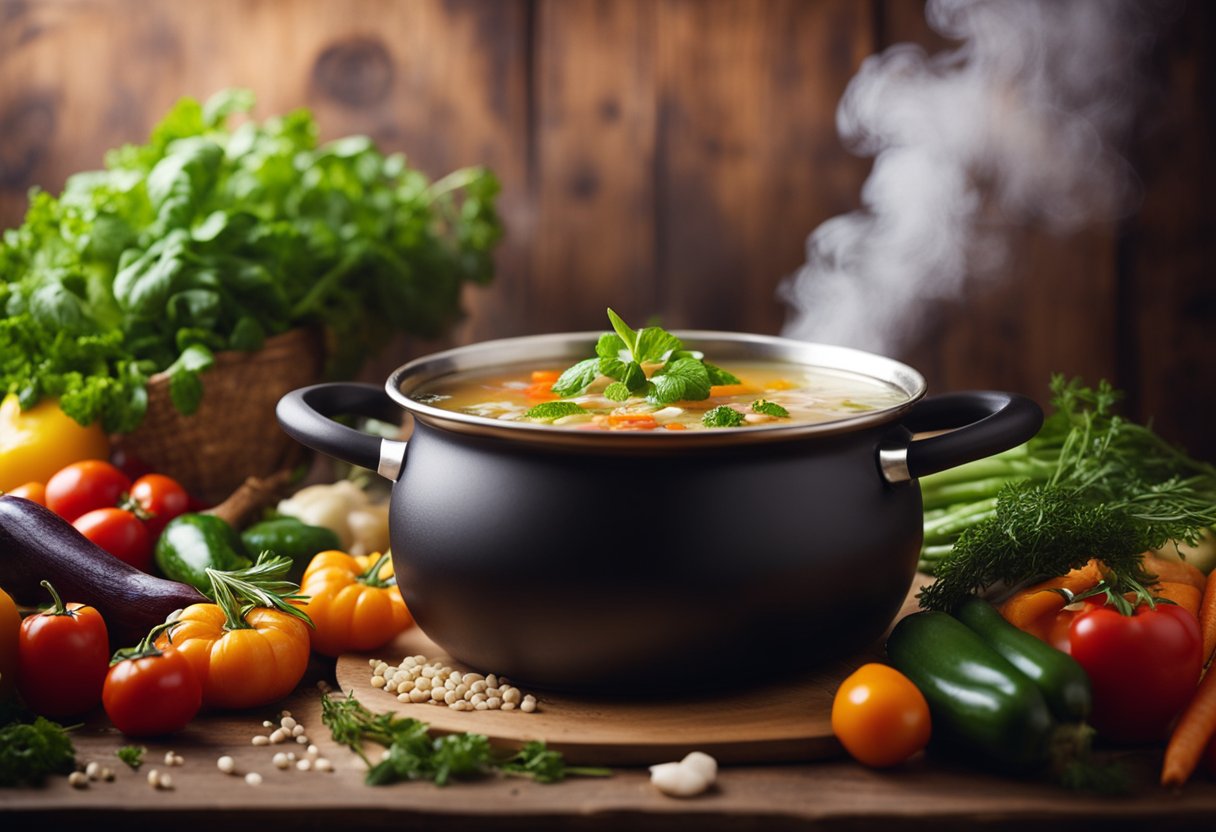A steaming pot of chicken soup sits on a rustic wooden table, surrounded by colorful vegetables and herbs. The aroma of savory broth fills the cozy kitchen