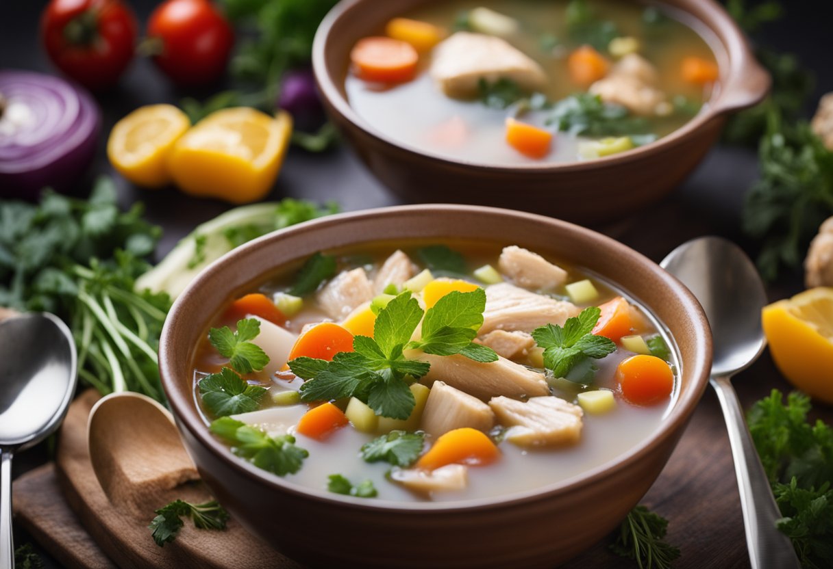 A steaming bowl of chicken soup surrounded by colorful vegetables and herbs, with a spoon resting on the side