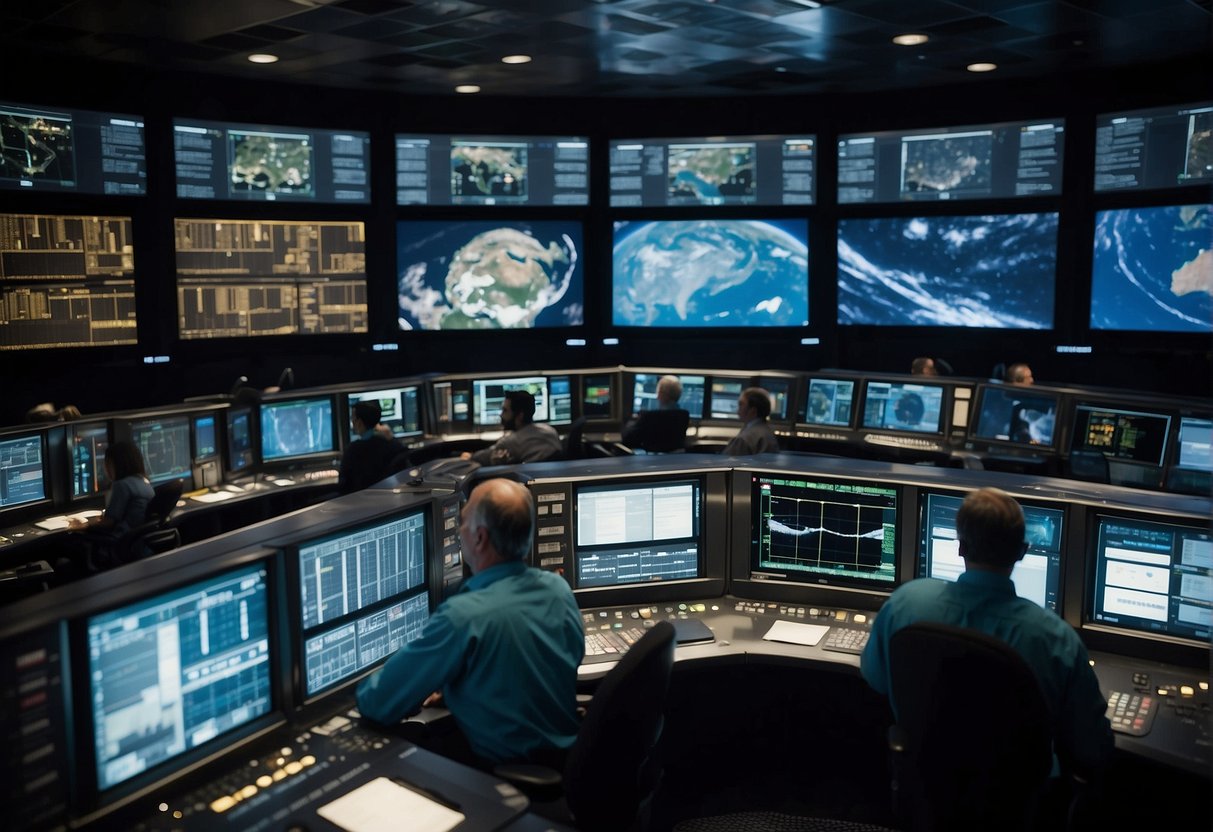A bustling control room with technicians monitoring screens and communicating with satellites orbiting Earth. Flags from various space agencies adorn the walls, showcasing international collaboration in space exploration