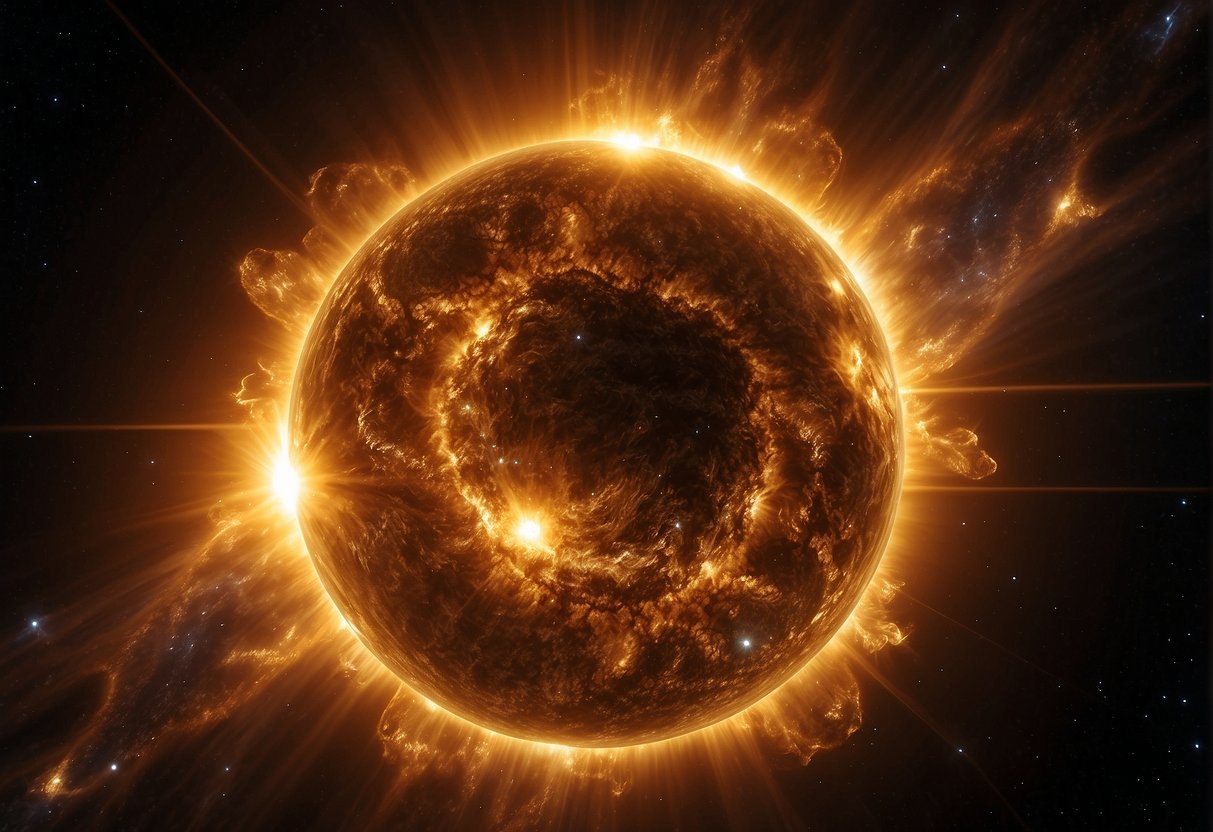 The sun radiates powerful solar flares, while cosmic rays swirl around it in the vastness of space