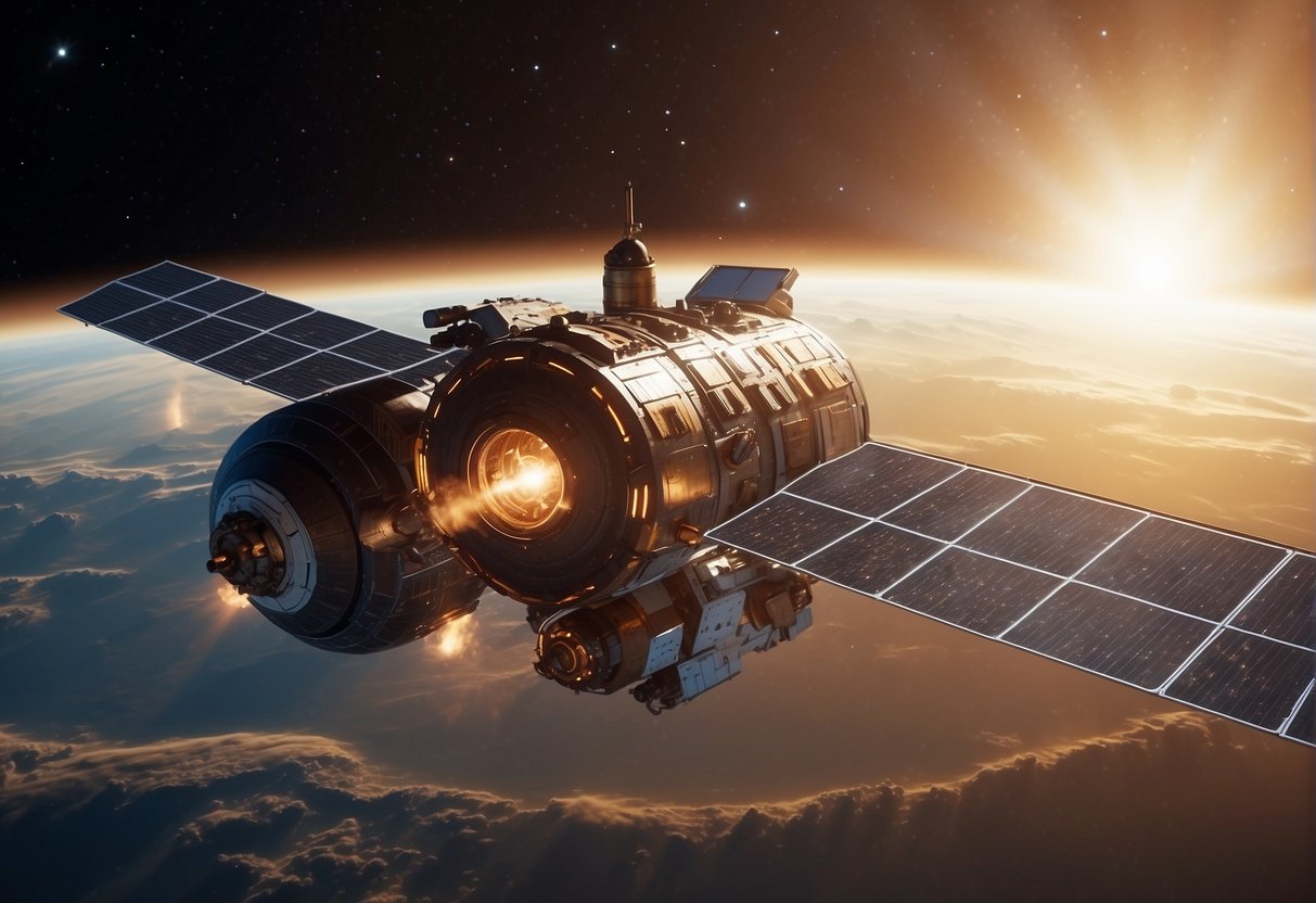 A spacecraft deploys protective shields against solar flares and cosmic rays in outer space