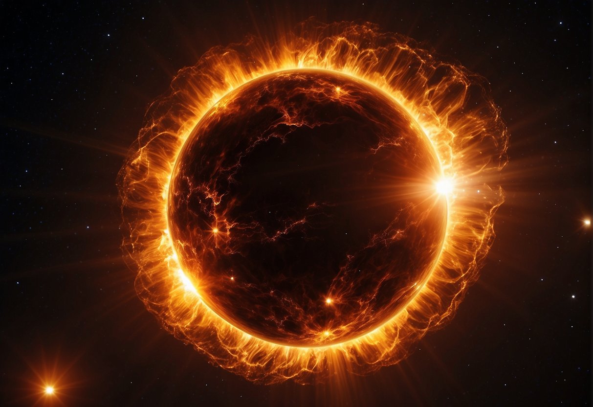 A solar flare erupts from the sun, sending out powerful bursts of energy and cosmic rays into space. The sun is depicted as a vibrant, fiery orb against the dark backdrop of the cosmos