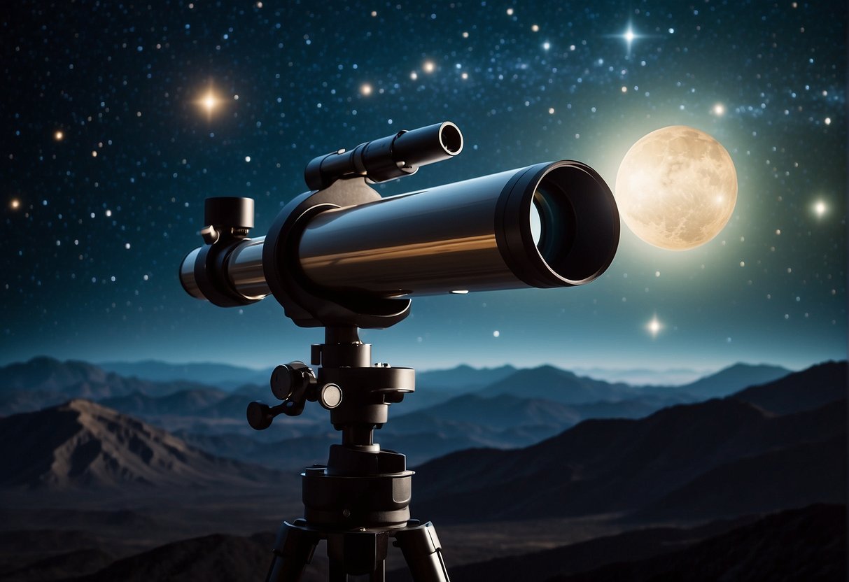 A telescope scanning the vast expanse of space, with distant planets and stars twinkling in the darkness, hinting at the possibility of extraterrestrial life
