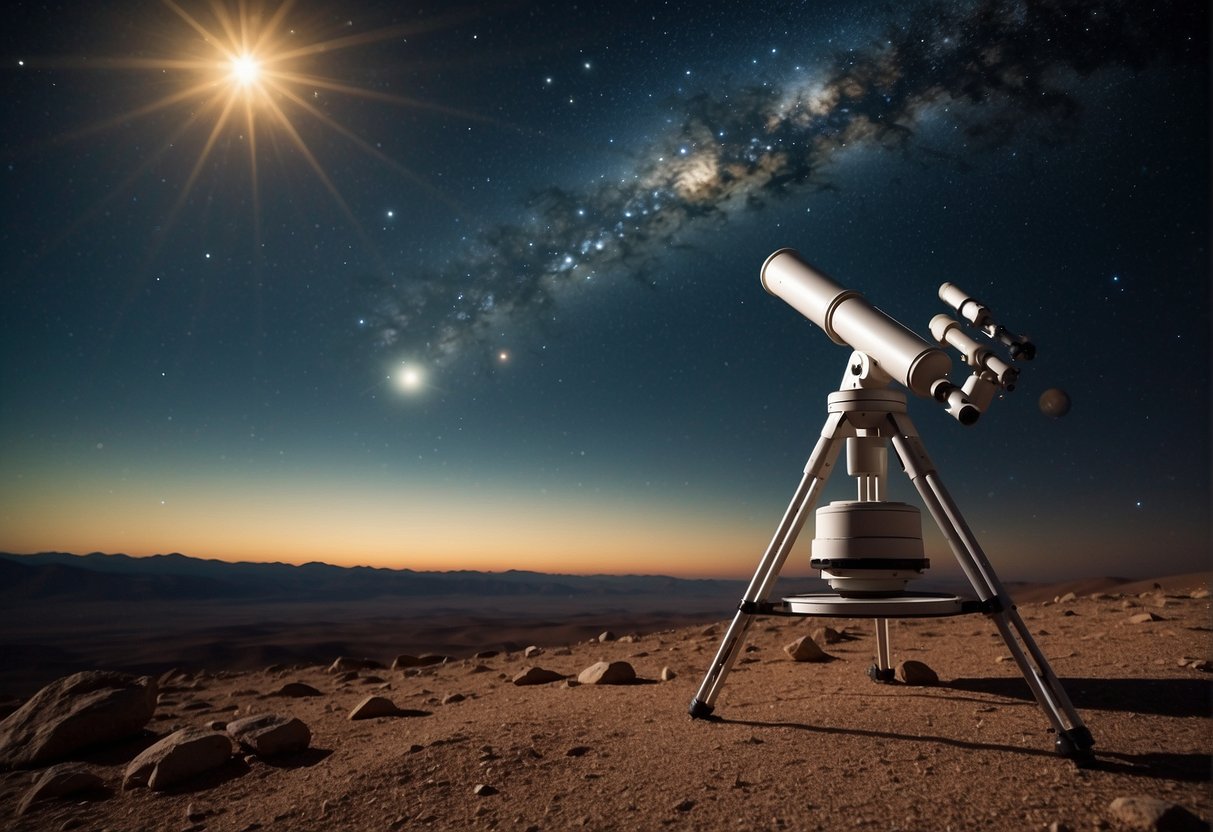 A telescope scanning the vast night sky, while a rover explores the surface of a distant planet for signs of extraterrestrial life
