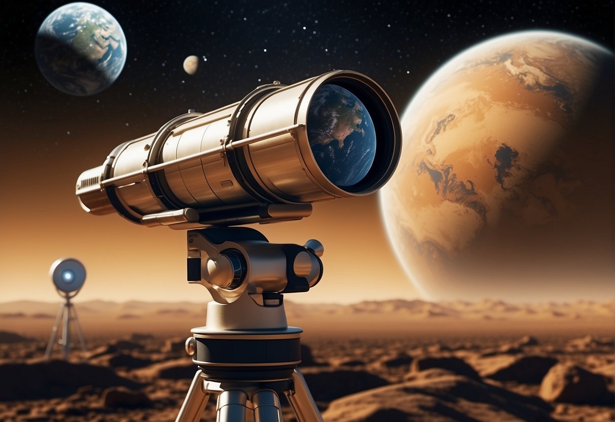 A telescope points towards the stars, while a satellite orbits Earth, and a rover explores the surface of Mars. The scene depicts the search for extraterrestrial life through technological advancements