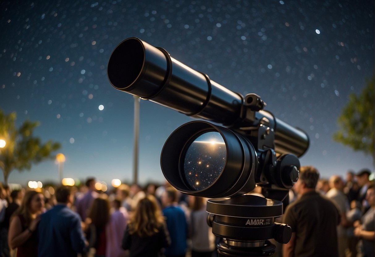 A telescope points towards the night sky, surrounded by curious onlookers. A sense of wonder and excitement fills the air as the search for extraterrestrial life captivates the public's imagination