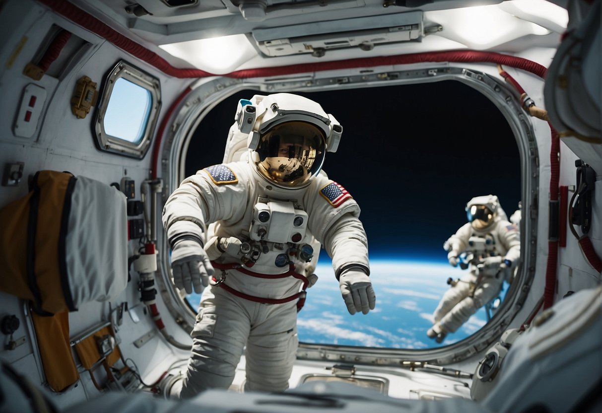 Astronauts in space suits practice maneuvering in a zero-gravity environment, using specialized tools and equipment for extravehicular activities