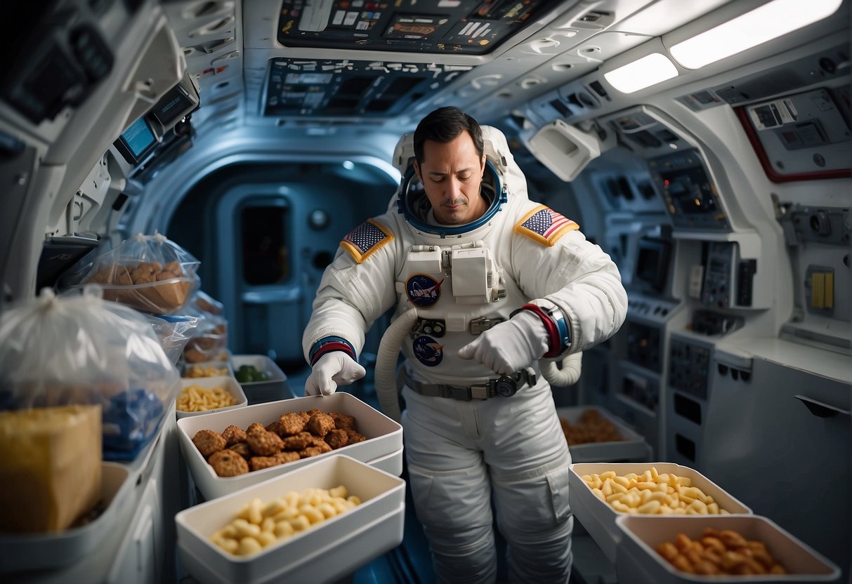 Astronaut food floating in a spacecraft, with labeled packages and containers of nutrient-rich meals and snacks