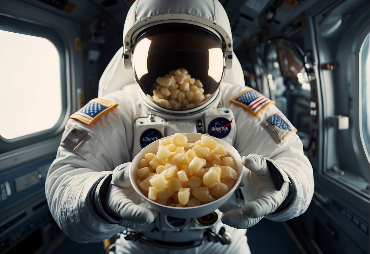 Astronaut food floating in zero gravity, labeled with essential nutrients
