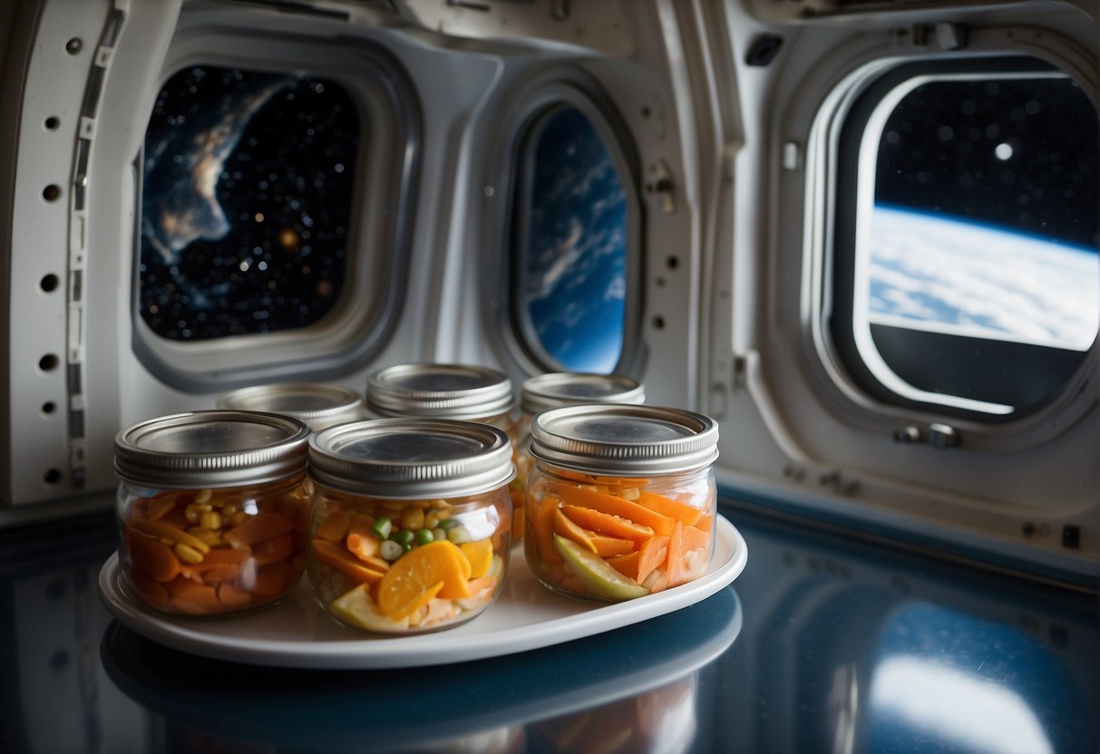 Astronauts' meals float in zero gravity, secured with Velcro. Colorful packages display nutrient content. A space shuttle window reveals Earth below