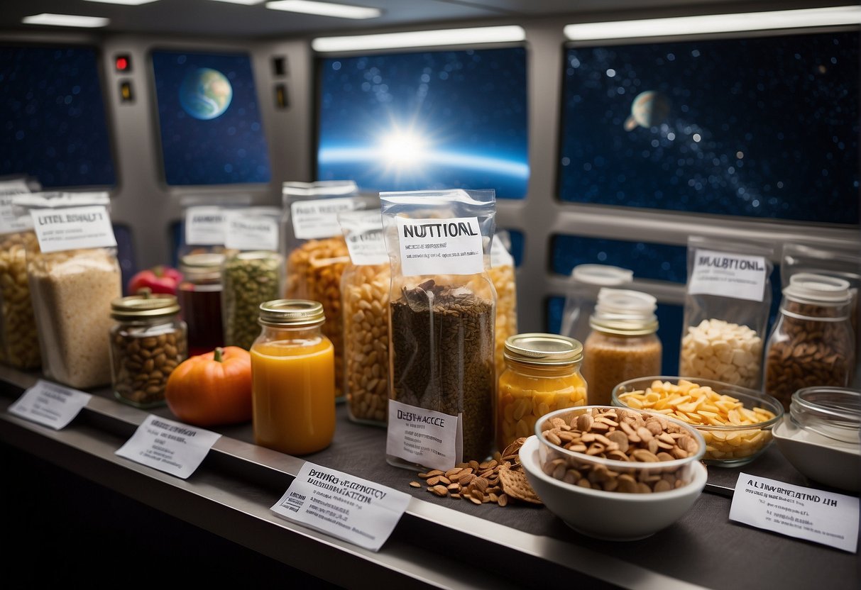 A table displays a variety of packaged and dehydrated foods, with labels indicating nutritional content. A backdrop of Earth and a space station suggests the importance of space nutrition for long-duration missions