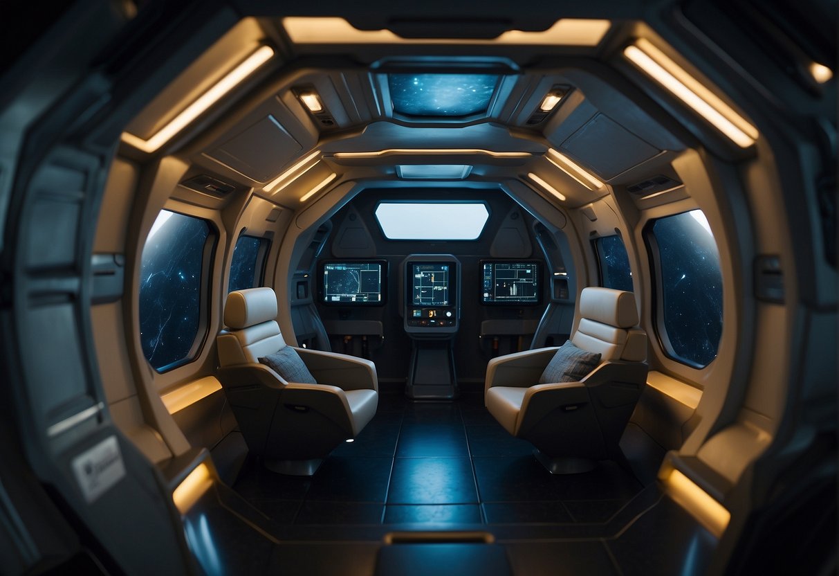 The Psychology of Space Travel: A small, dimly lit spacecraft interior with minimal furnishings and narrow passageways, emphasizing the feeling of isolation and confinement