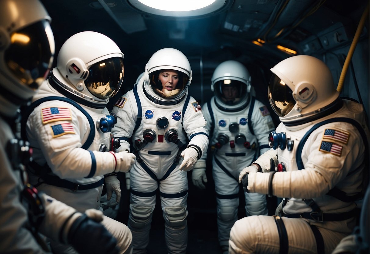 A group of astronauts engage in team-building activities in a confined space, utilizing communication strategies to cope with isolation