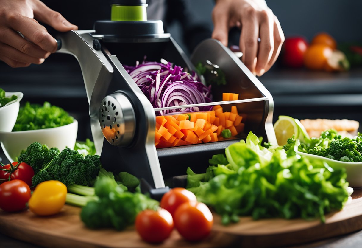 Fresh vegetables being chopped in a grinder, creating a colorful and vibrant salad mix