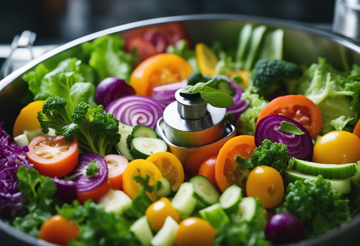 A colorful array of fresh vegetables being ground up in a salad grinder