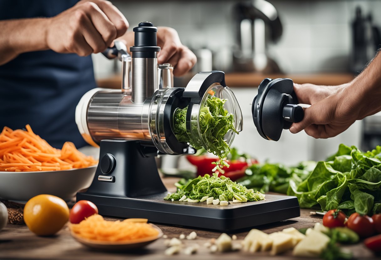 A hand-operated grinder crushing key ingredients for a vibrant salad