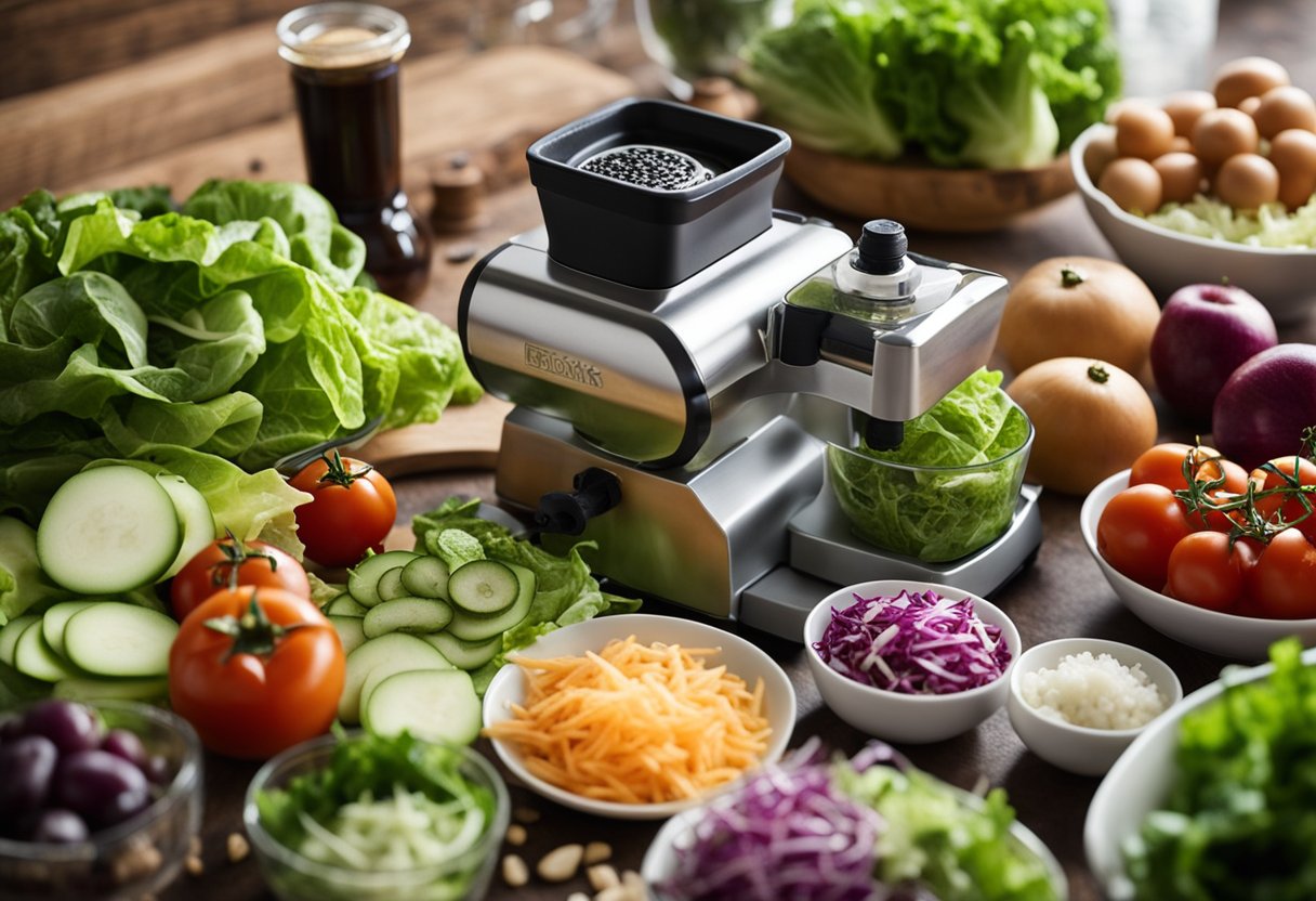 A hand-operated grinder crushing fresh salad ingredients