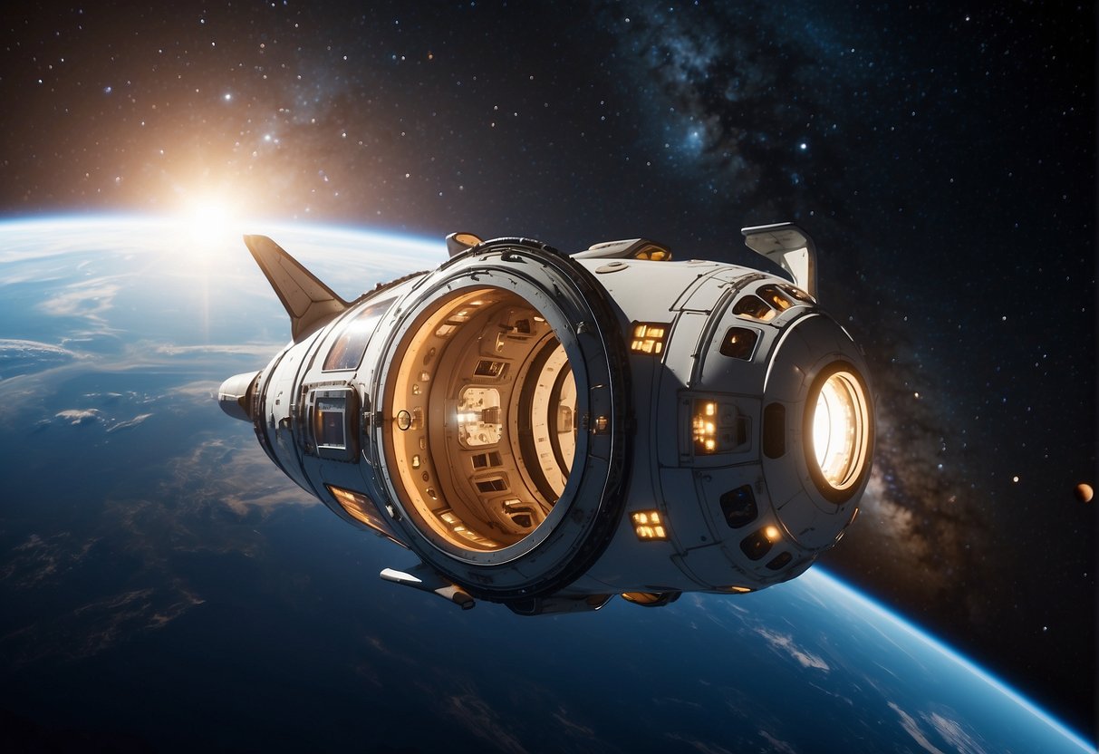 A space capsule floats in the vastness of outer space, surrounded by stars and planets. Inside, advanced medical equipment and technology are utilized to address healthcare challenges beyond Earth