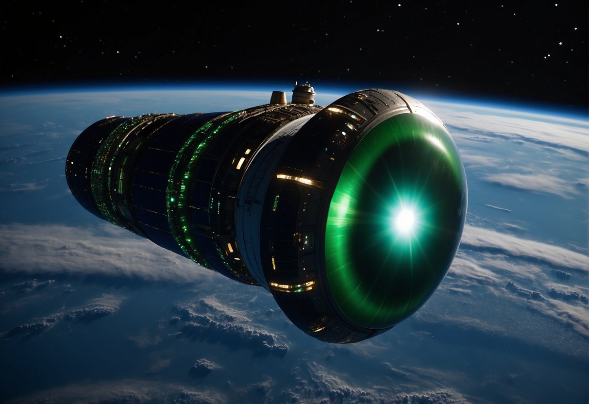 A space capsule floats in the vast darkness of outer space, surrounded by stars and distant planets. The Earth looms in the background, a blue and green orb shining brightly against the blackness